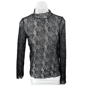 Anthropologie Black Floral Lace Long Sleeve Sheer See Trough Blouse Top Size S